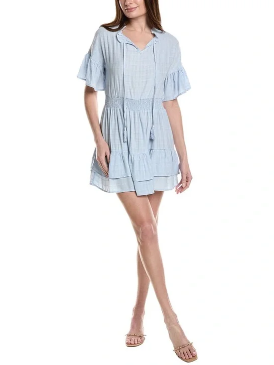 Entro Light Blue Ruffle Neck Tiered Dress - Picture 1 of 7